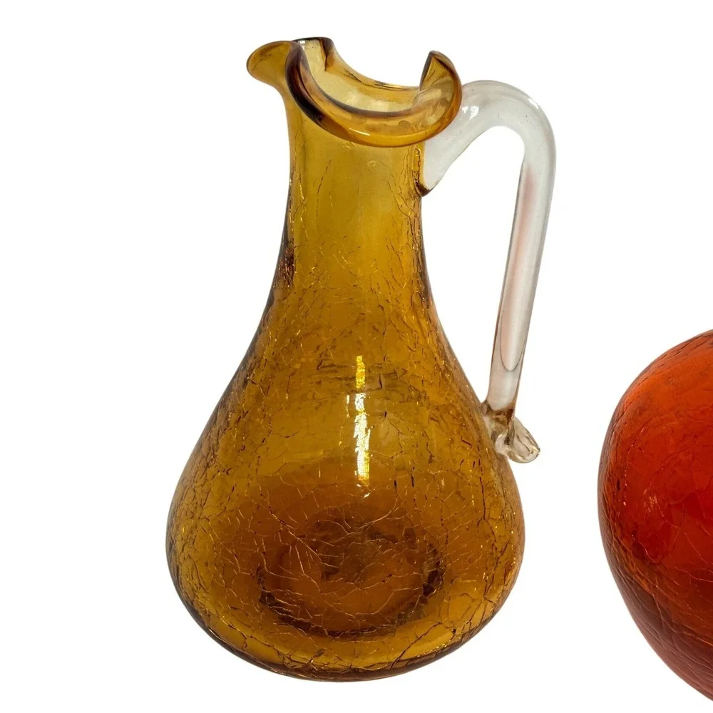 Vintage Crackle Glass Miniature Pitcher Set 4 Rainbow Mid Century Art Glass Vase